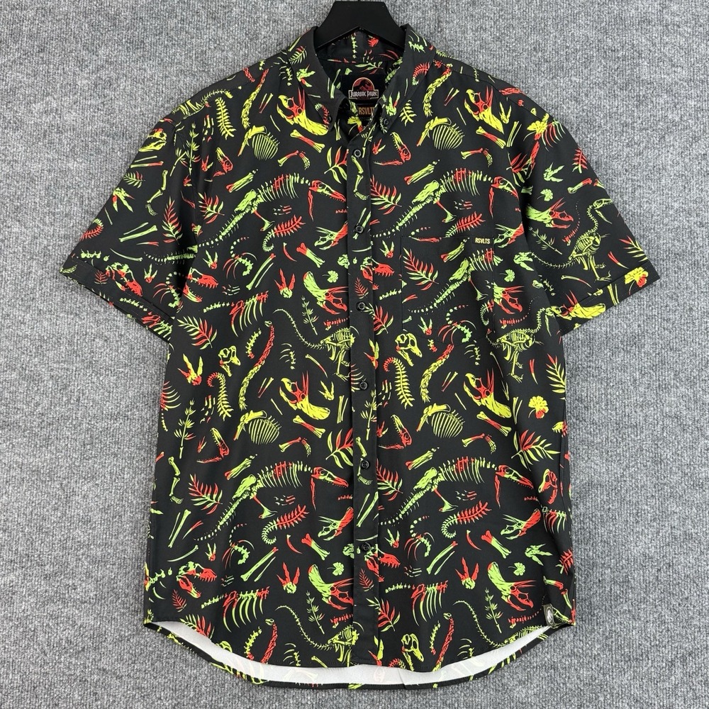 Jurassic Park x RSVLTS Button Down Shirt Mens L Black Kunuflex AOP Short Sleeve